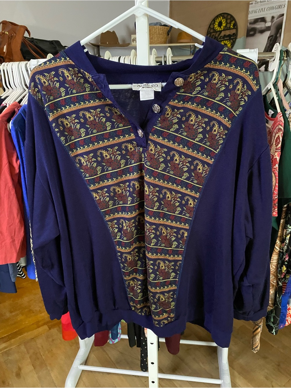 Retro Adolfo Navy Crewneck Sweater with Patterned Front Panel
